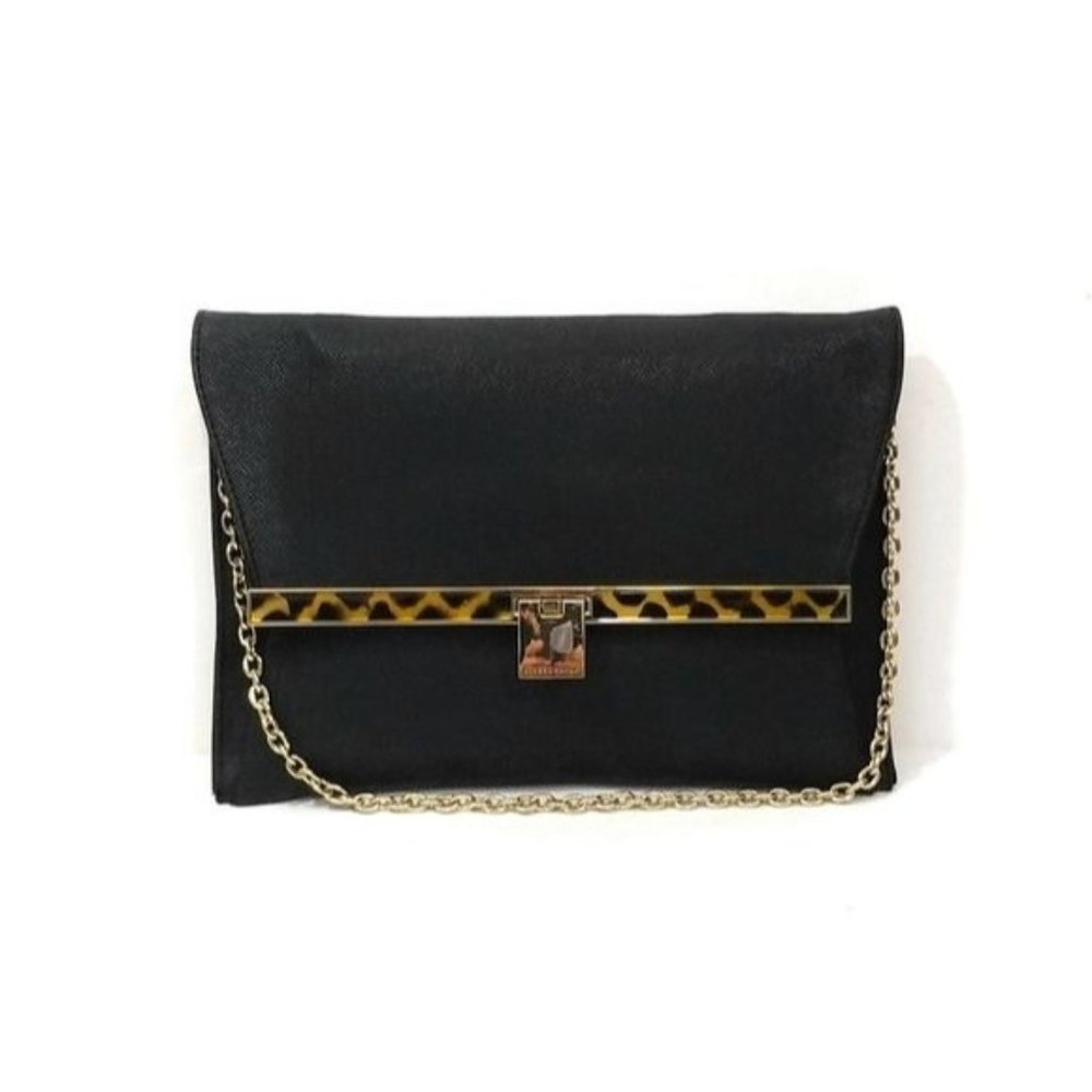 Ivanka Trump Luxury Envelope Clutch Shoulder Bag with Chain Strap Black Pebbled